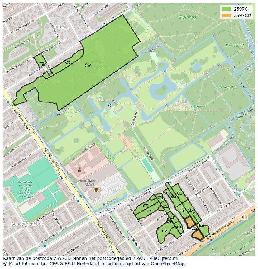 Afbeelding van het postcodegebied 2597 CD op de kaart.