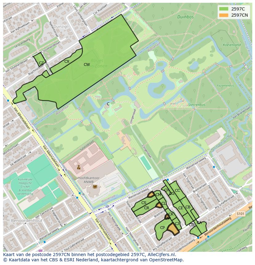 Afbeelding van het postcodegebied 2597 CN op de kaart.