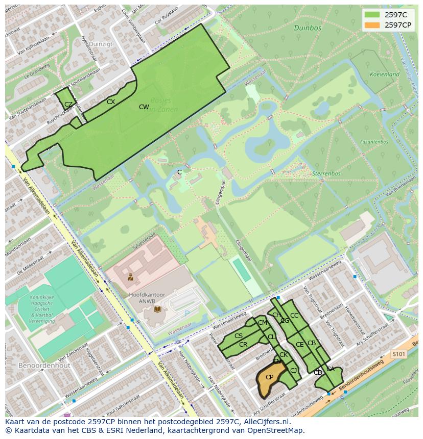 Afbeelding van het postcodegebied 2597 CP op de kaart.