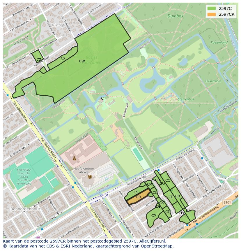 Afbeelding van het postcodegebied 2597 CR op de kaart.