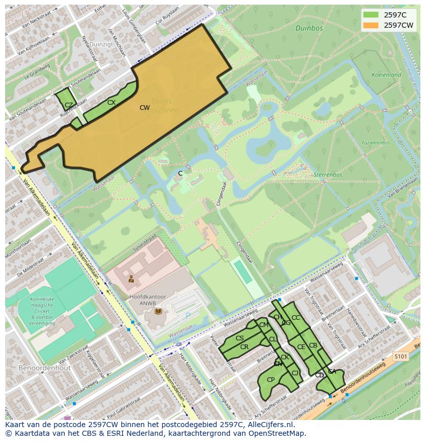 Afbeelding van het postcodegebied 2597 CW op de kaart.