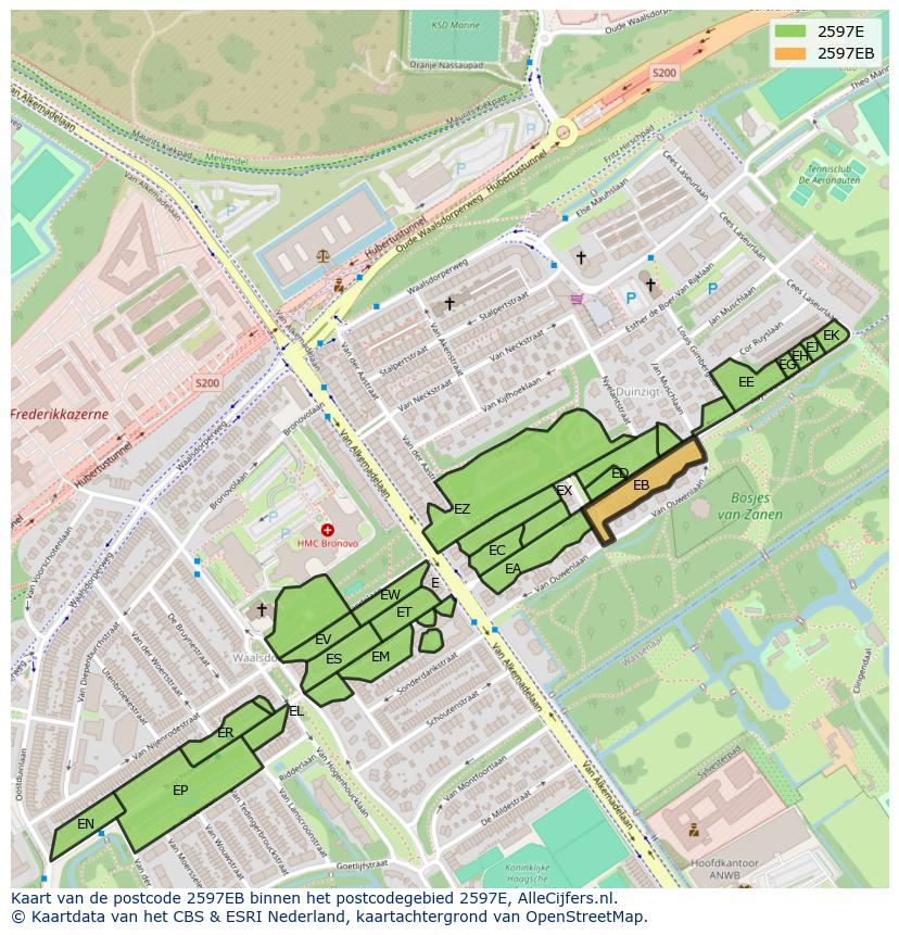 Afbeelding van het postcodegebied 2597 EB op de kaart.