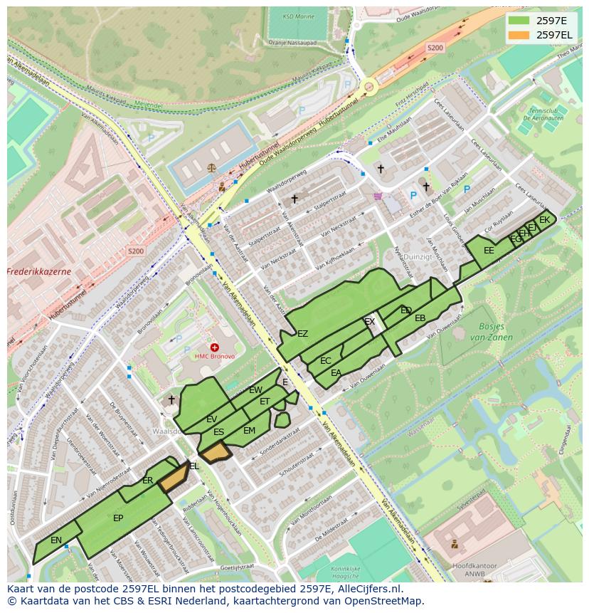 Afbeelding van het postcodegebied 2597 EL op de kaart.