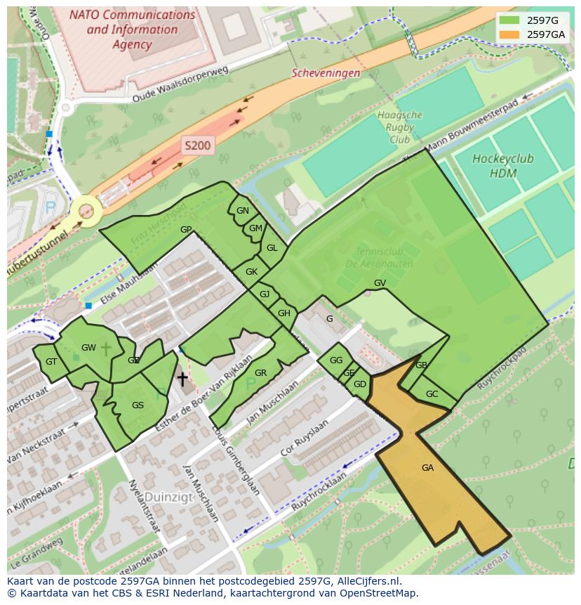 Afbeelding van het postcodegebied 2597 GA op de kaart.