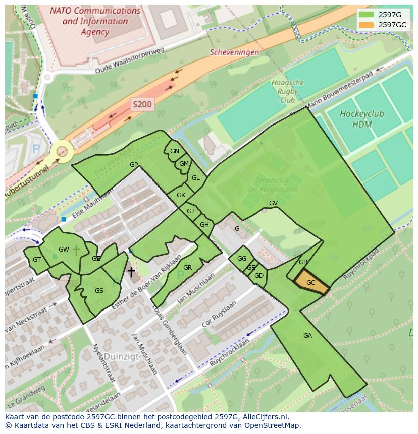 Afbeelding van het postcodegebied 2597 GC op de kaart.