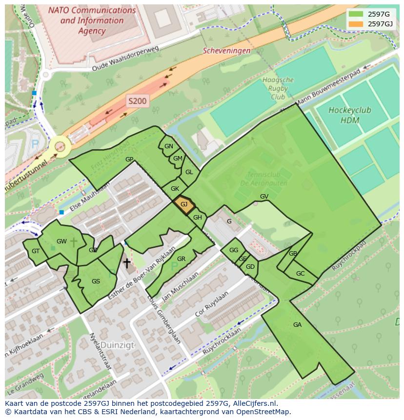 Afbeelding van het postcodegebied 2597 GJ op de kaart.