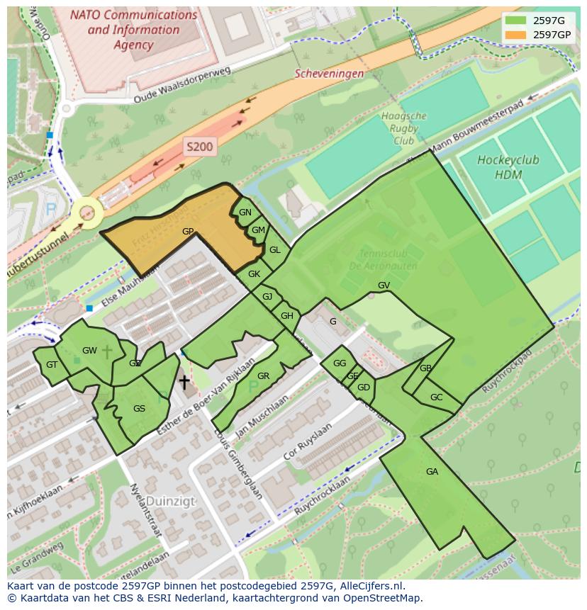 Afbeelding van het postcodegebied 2597 GP op de kaart.