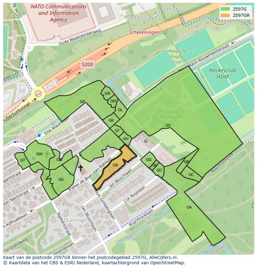 Afbeelding van het postcodegebied 2597 GR op de kaart.