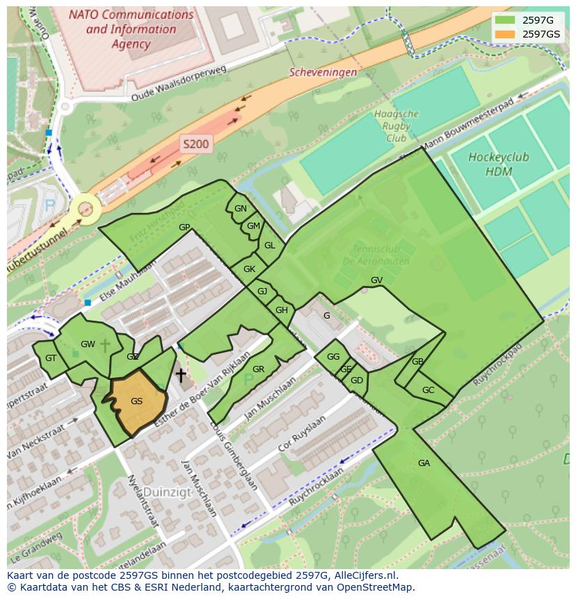 Afbeelding van het postcodegebied 2597 GS op de kaart.
