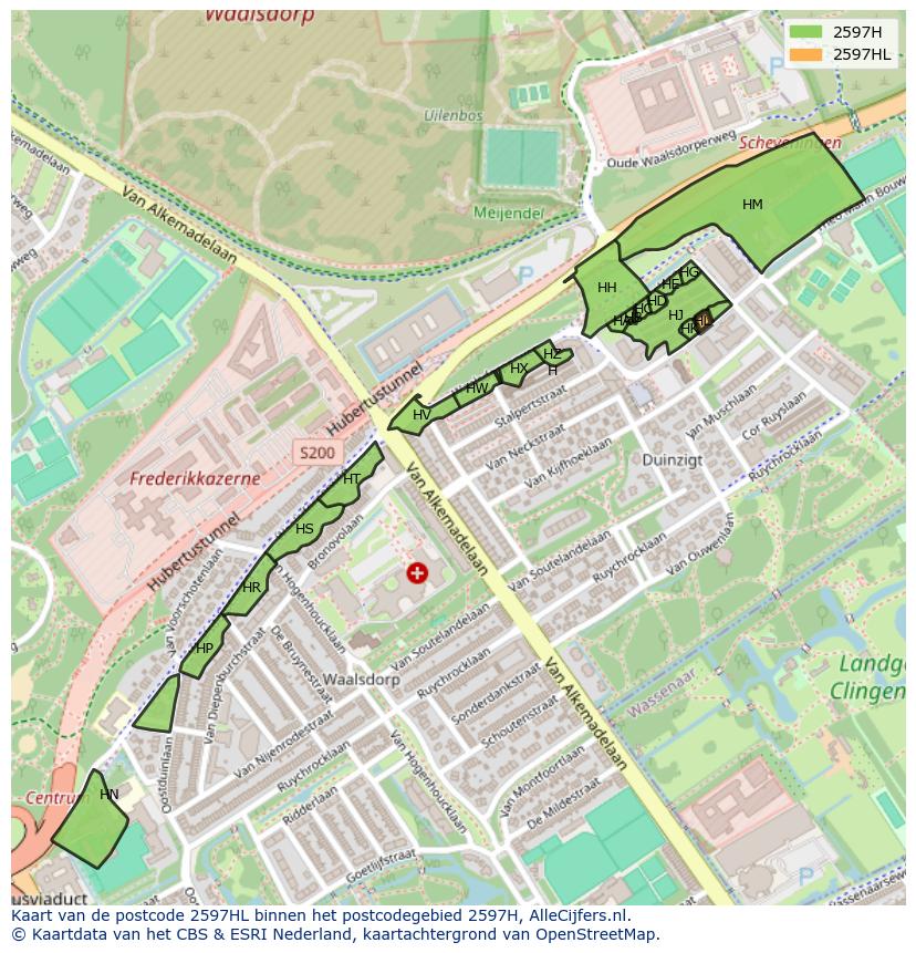 Afbeelding van het postcodegebied 2597 HL op de kaart.