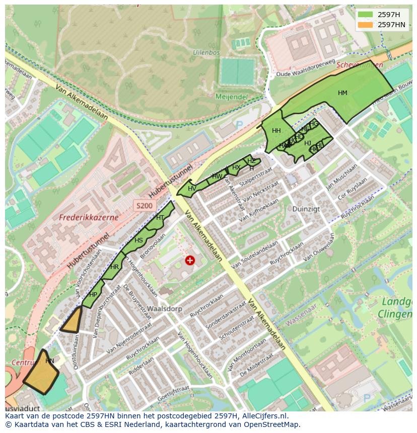 Afbeelding van het postcodegebied 2597 HN op de kaart.