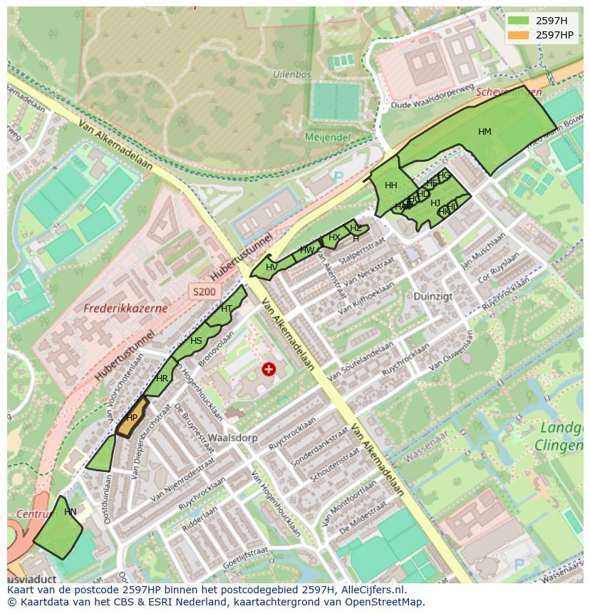 Afbeelding van het postcodegebied 2597 HP op de kaart.
