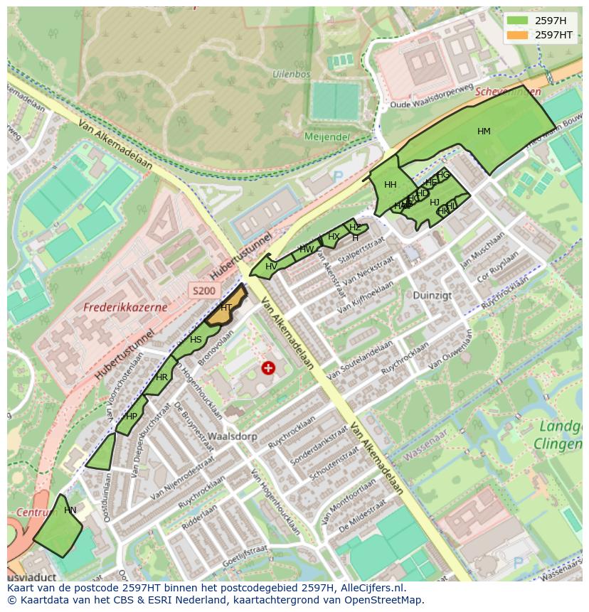 Afbeelding van het postcodegebied 2597 HT op de kaart.