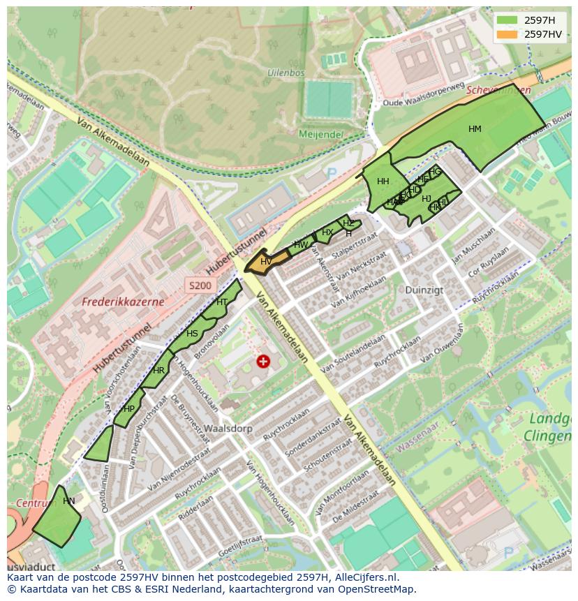 Afbeelding van het postcodegebied 2597 HV op de kaart.