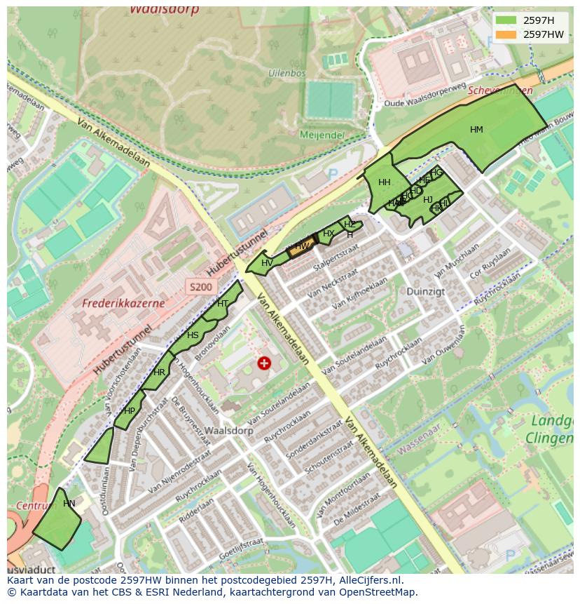 Afbeelding van het postcodegebied 2597 HW op de kaart.