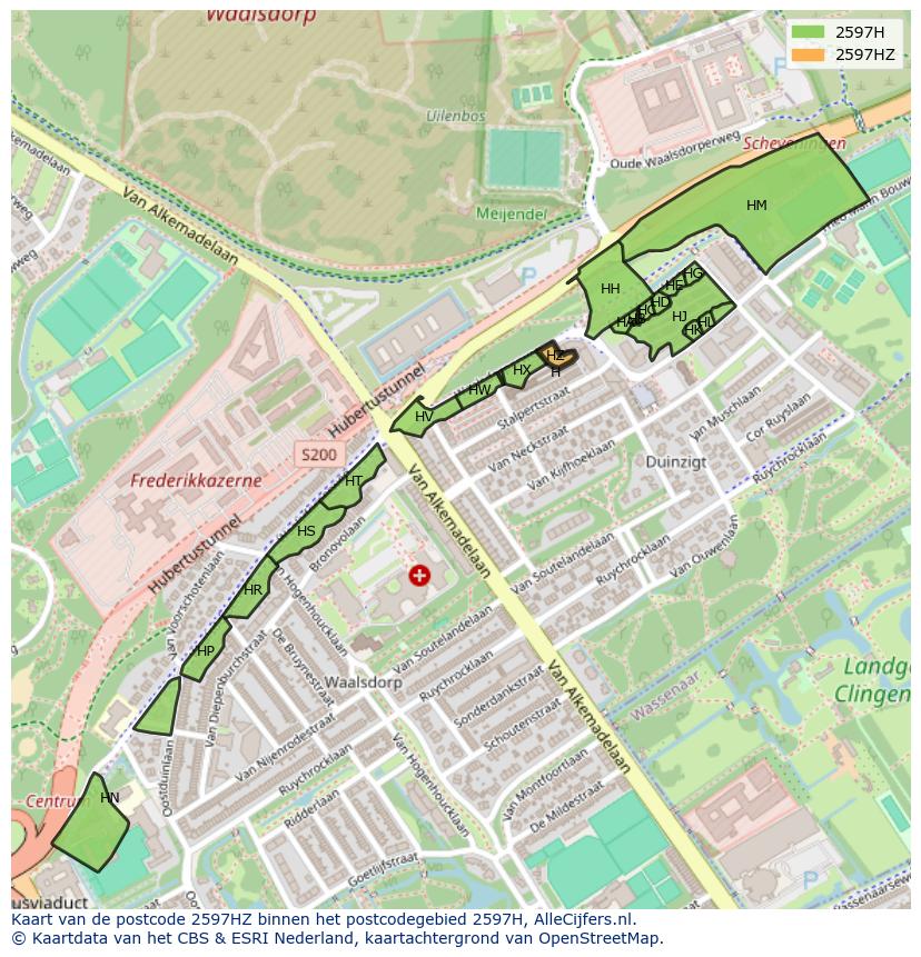 Afbeelding van het postcodegebied 2597 HZ op de kaart.