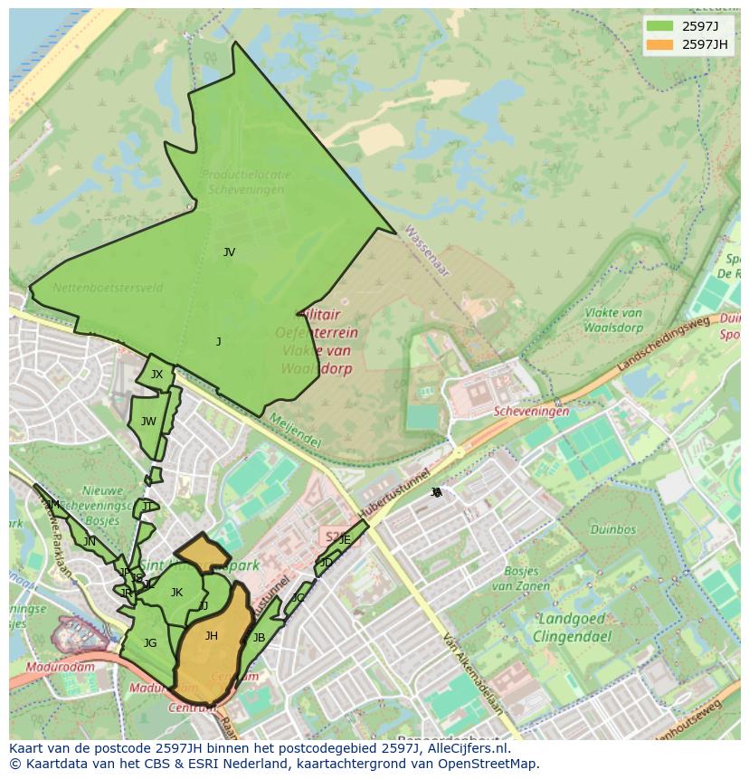 Afbeelding van het postcodegebied 2597 JH op de kaart.