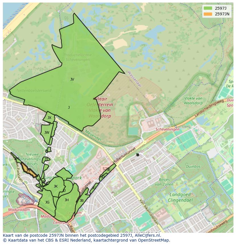 Afbeelding van het postcodegebied 2597 JN op de kaart.