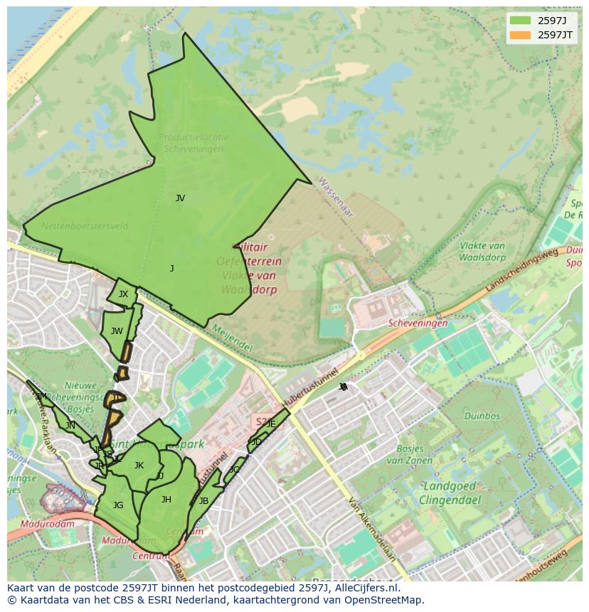 Afbeelding van het postcodegebied 2597 JT op de kaart.