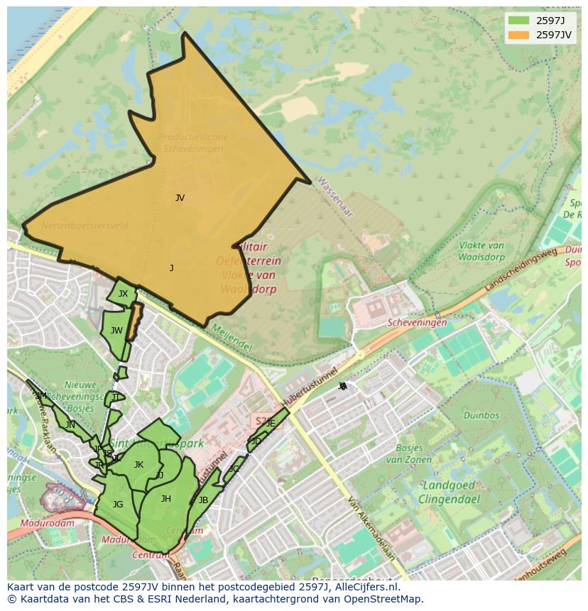 Afbeelding van het postcodegebied 2597 JV op de kaart.