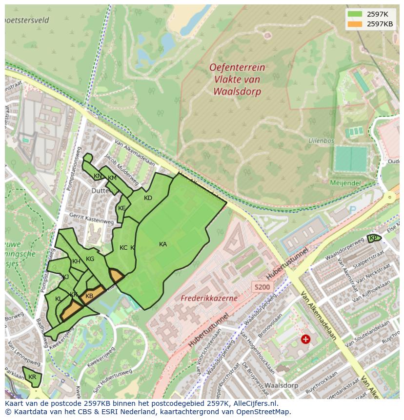Afbeelding van het postcodegebied 2597 KB op de kaart.