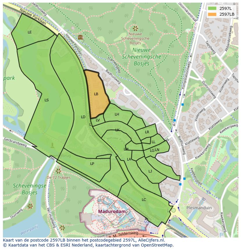 Afbeelding van het postcodegebied 2597 LB op de kaart.