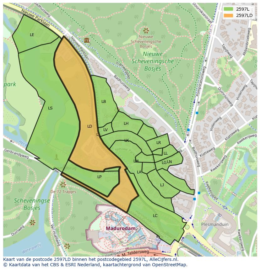 Afbeelding van het postcodegebied 2597 LD op de kaart.