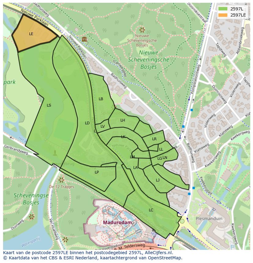 Afbeelding van het postcodegebied 2597 LE op de kaart.
