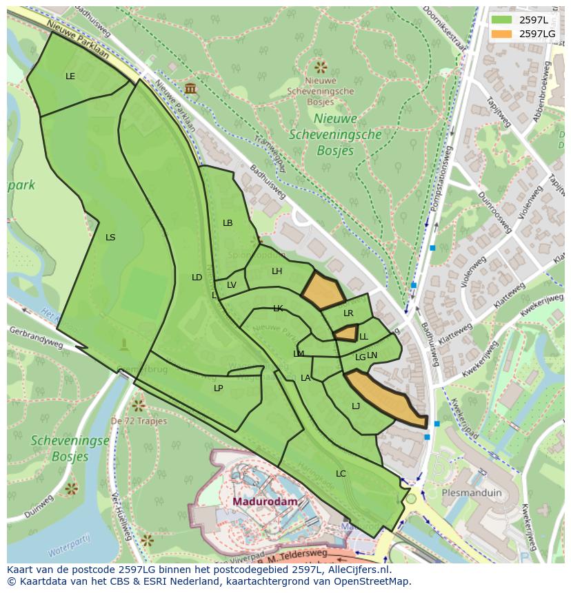 Afbeelding van het postcodegebied 2597 LG op de kaart.