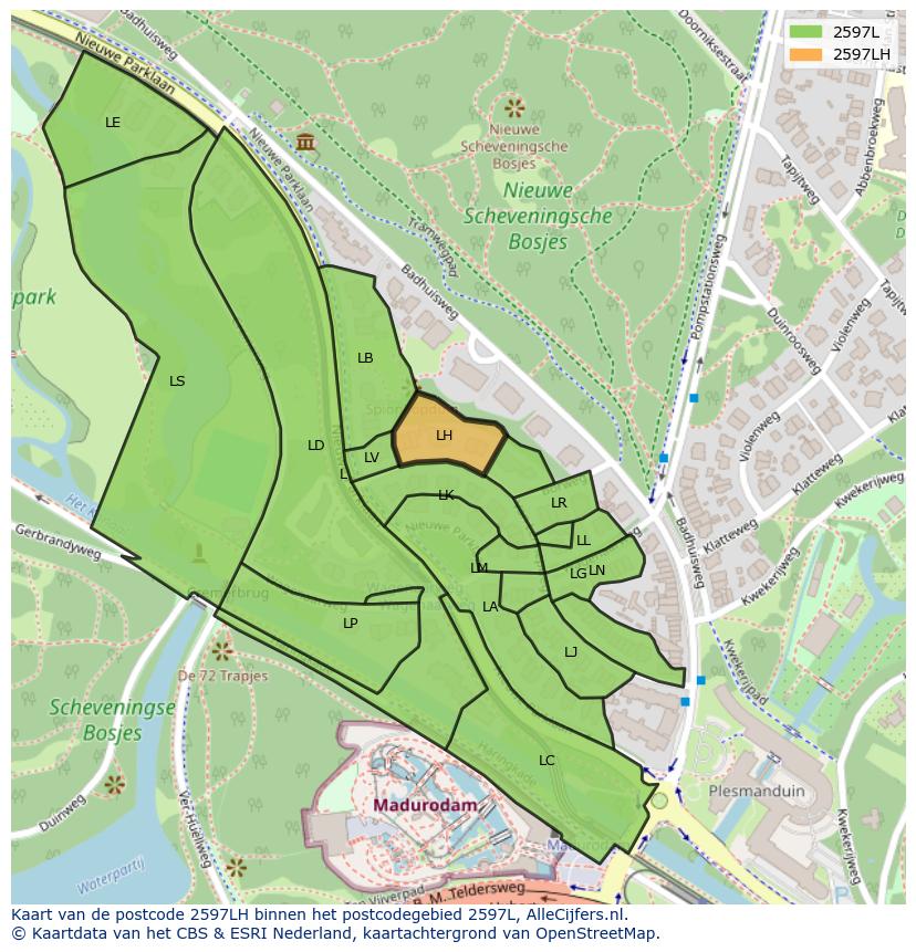 Afbeelding van het postcodegebied 2597 LH op de kaart.