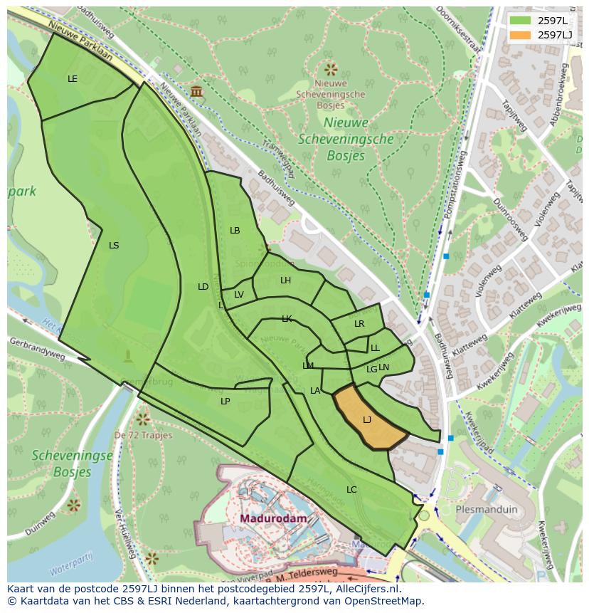 Afbeelding van het postcodegebied 2597 LJ op de kaart.
