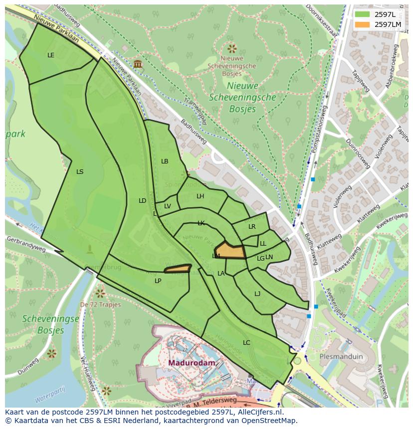 Afbeelding van het postcodegebied 2597 LM op de kaart.