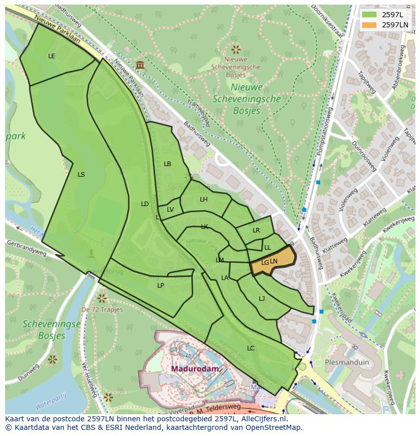 Afbeelding van het postcodegebied 2597 LN op de kaart.