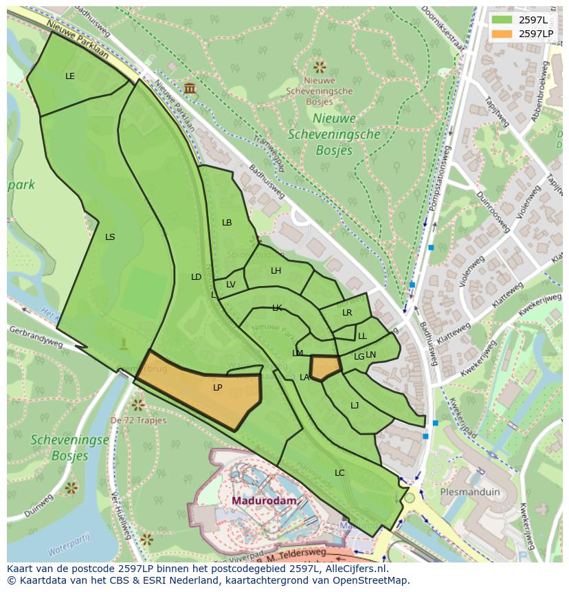 Afbeelding van het postcodegebied 2597 LP op de kaart.