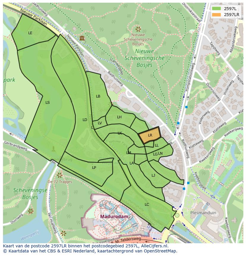 Afbeelding van het postcodegebied 2597 LR op de kaart.
