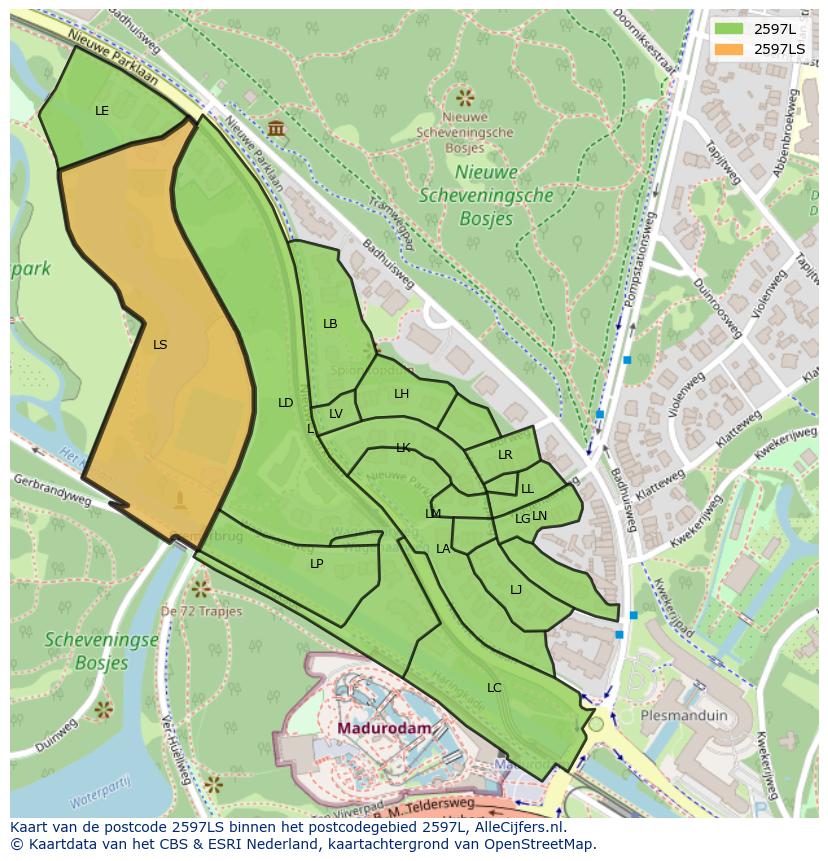 Afbeelding van het postcodegebied 2597 LS op de kaart.
