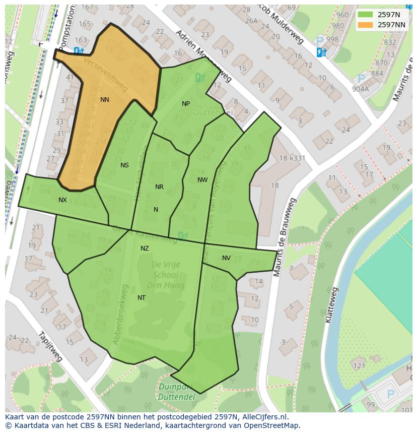 Afbeelding van het postcodegebied 2597 NN op de kaart.