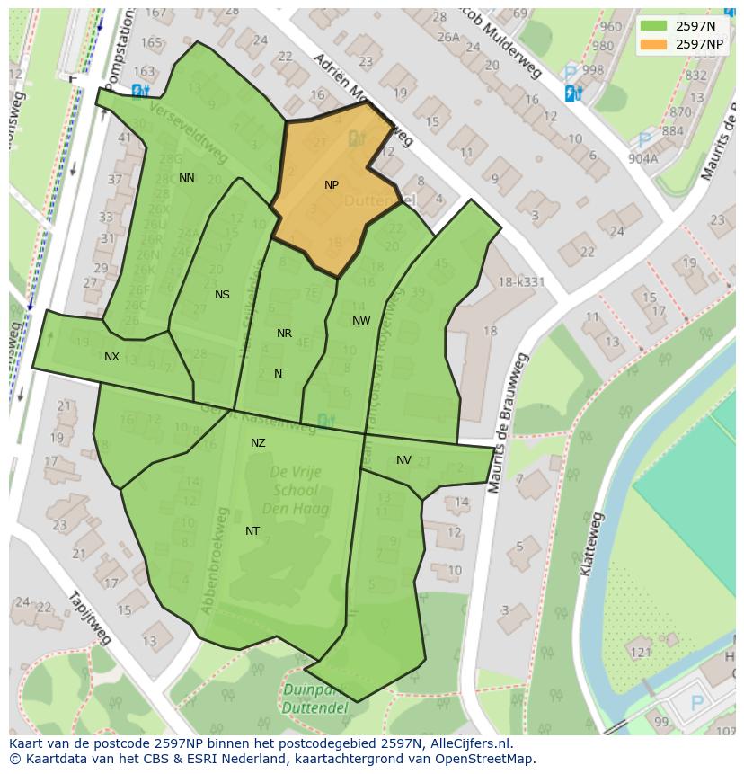 Afbeelding van het postcodegebied 2597 NP op de kaart.