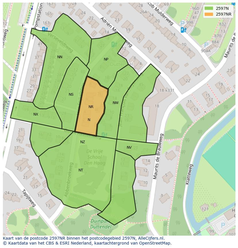 Afbeelding van het postcodegebied 2597 NR op de kaart.