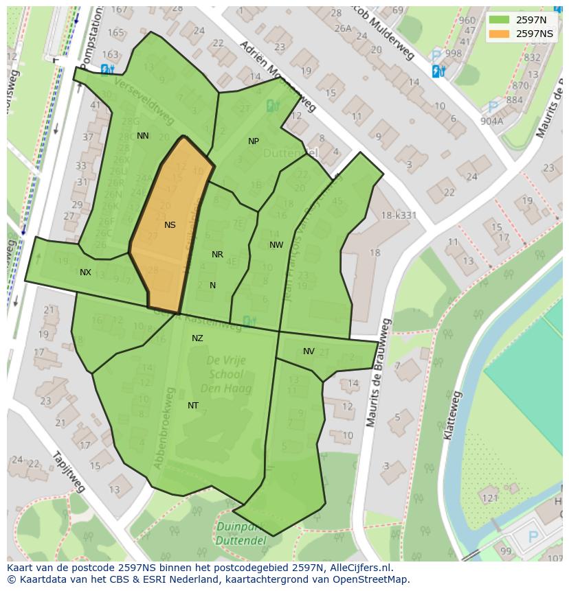 Afbeelding van het postcodegebied 2597 NS op de kaart.