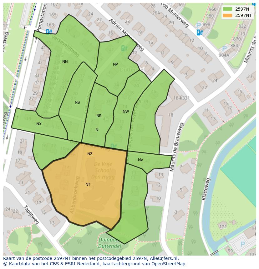 Afbeelding van het postcodegebied 2597 NT op de kaart.