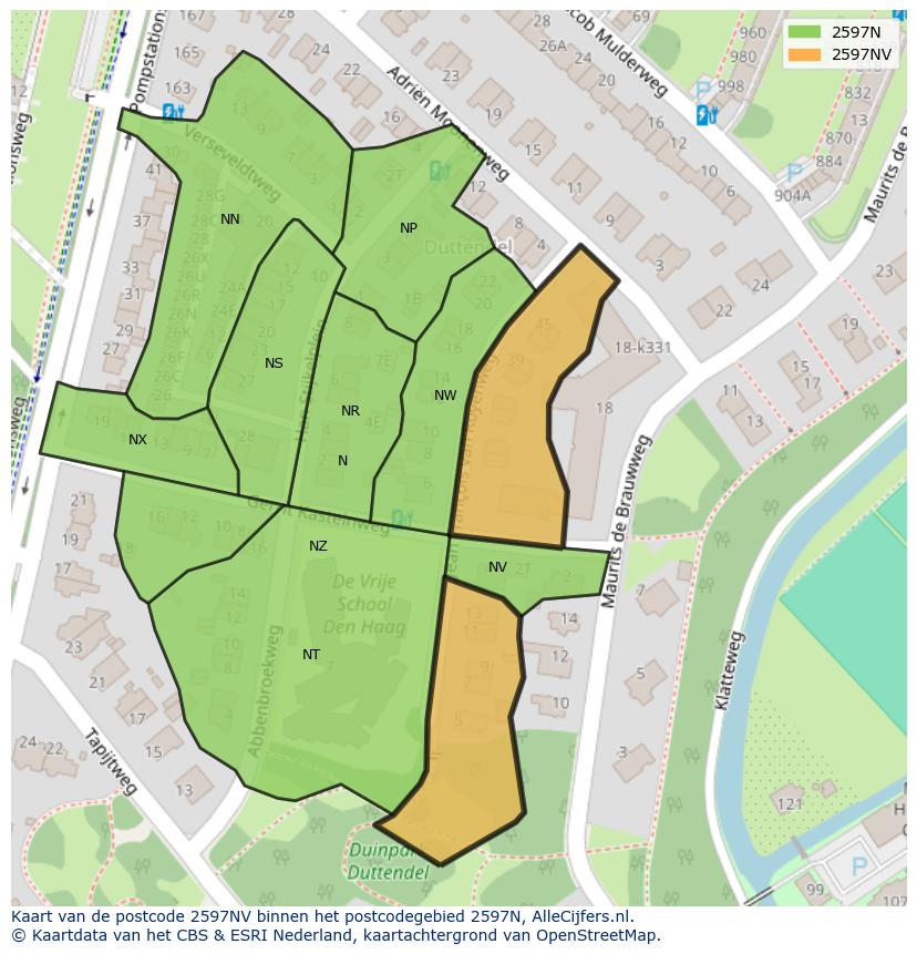 Afbeelding van het postcodegebied 2597 NV op de kaart.