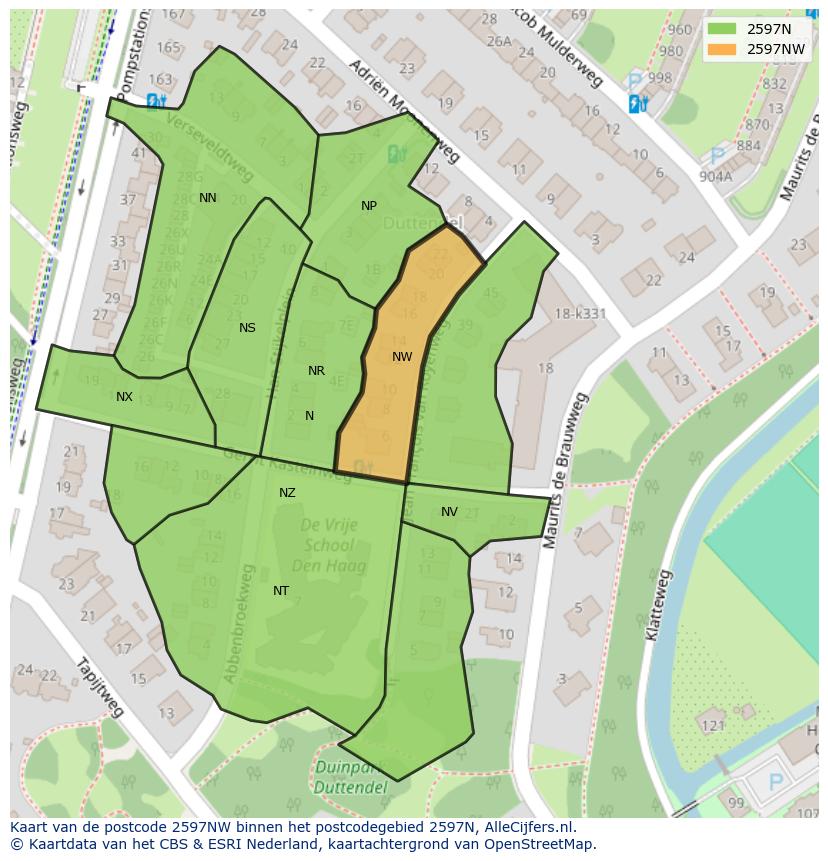 Afbeelding van het postcodegebied 2597 NW op de kaart.