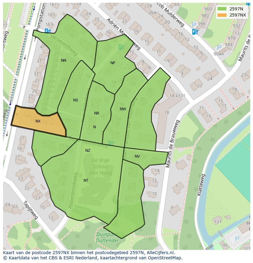 Afbeelding van het postcodegebied 2597 NX op de kaart.
