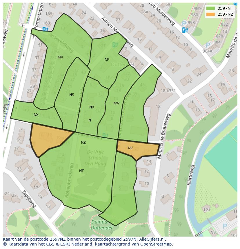 Afbeelding van het postcodegebied 2597 NZ op de kaart.