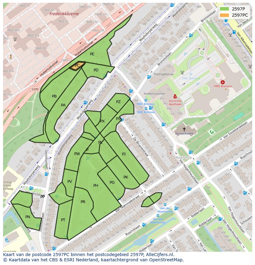 Afbeelding van het postcodegebied 2597 PC op de kaart.
