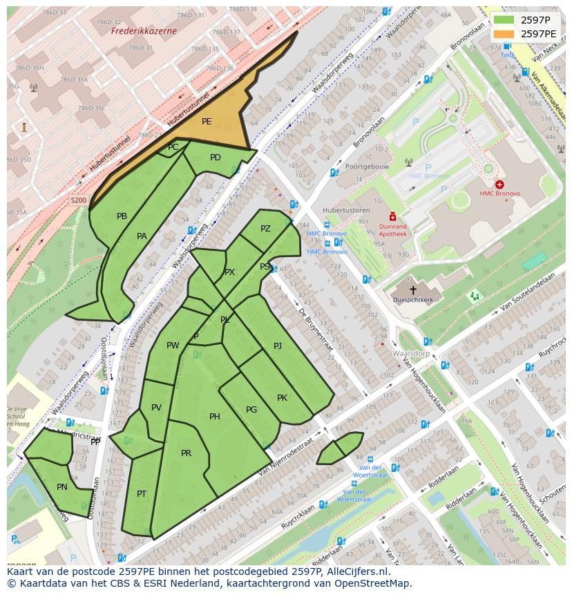 Afbeelding van het postcodegebied 2597 PE op de kaart.