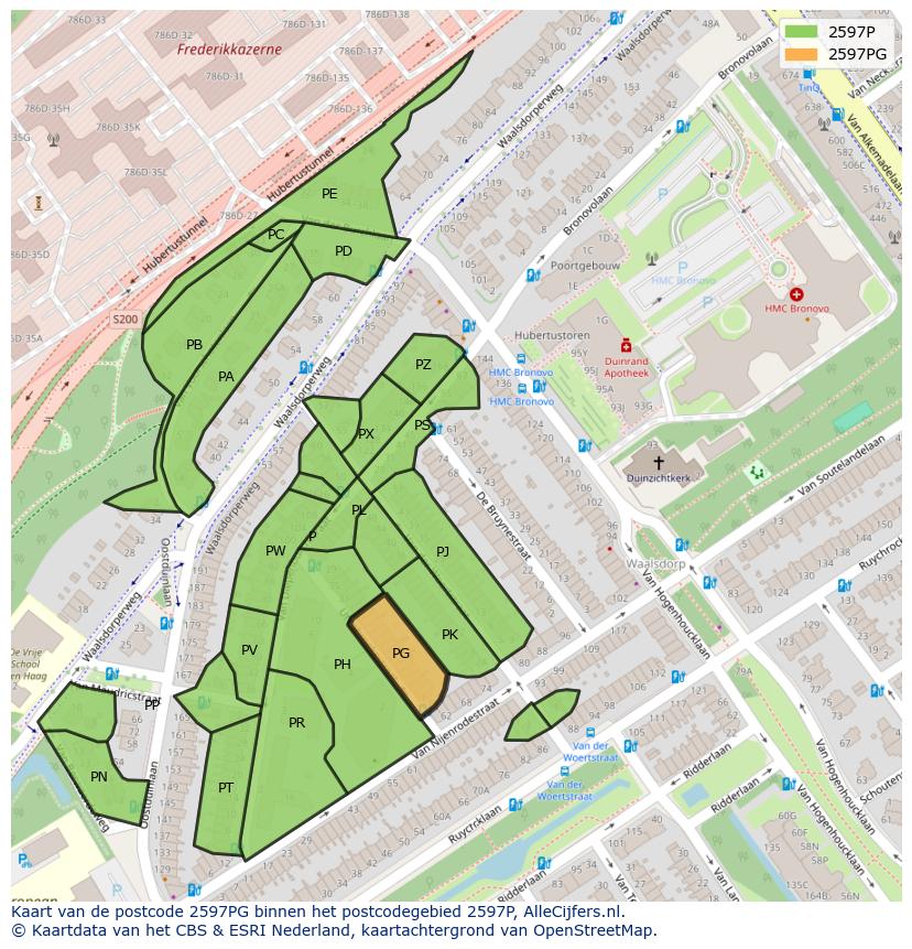 Afbeelding van het postcodegebied 2597 PG op de kaart.