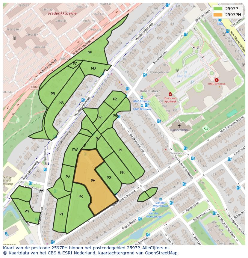 Afbeelding van het postcodegebied 2597 PH op de kaart.
