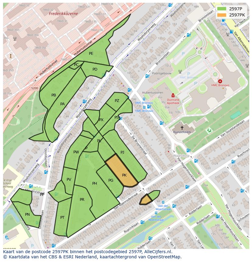 Afbeelding van het postcodegebied 2597 PK op de kaart.
